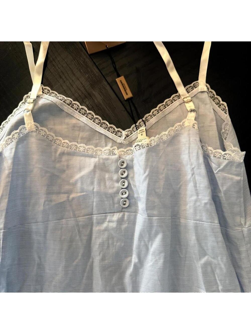 Burberry Blue Stripe Lace Trim Nightgown Size Small NWT Cotton Slip Dress - Picture 6 of 8